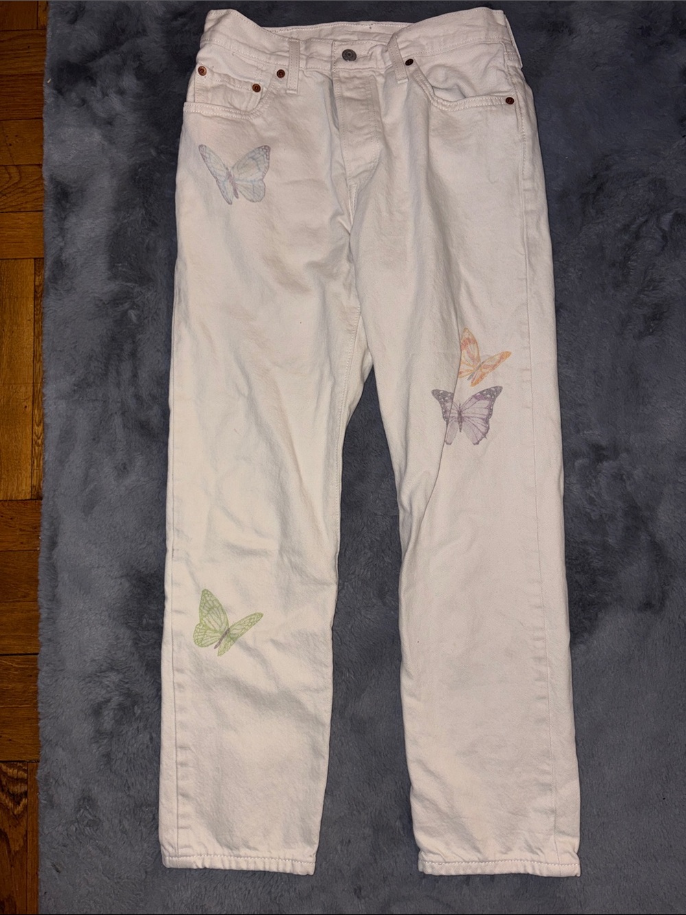 Levi's White Straight-Leg Jeans with Pastel Butterfly Motif